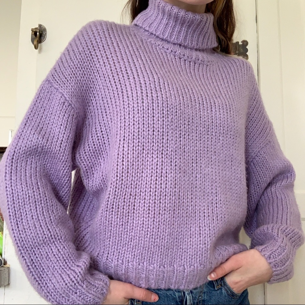 chunky knit lavender turtleneck sweater